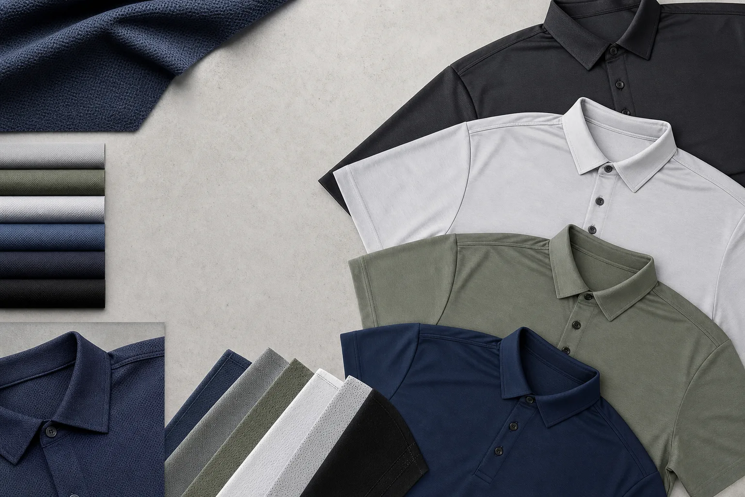 Flat lay of custom golf t-shirts with fabric swatches