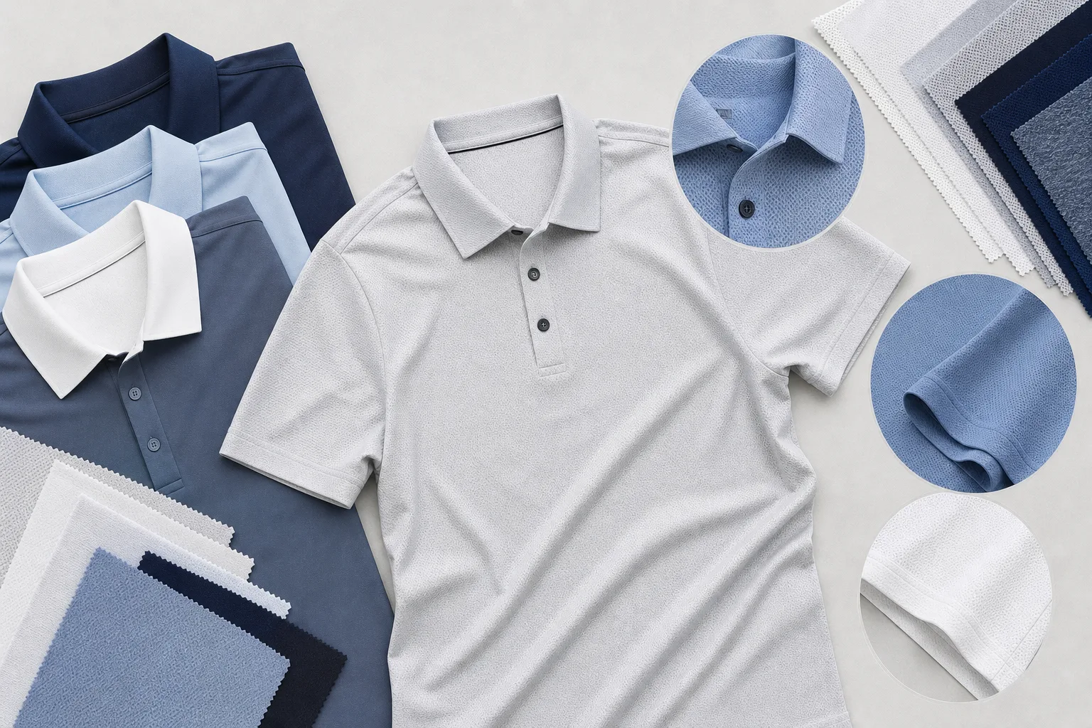 Flat lay of custom golf t-shirts with fabric swatches