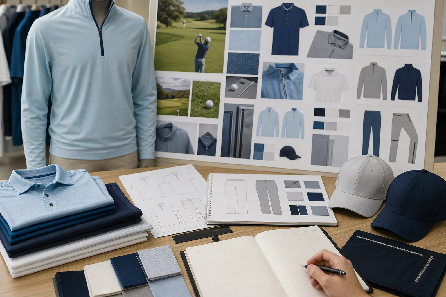Golf team uniform planning board with garment references and logo mockups