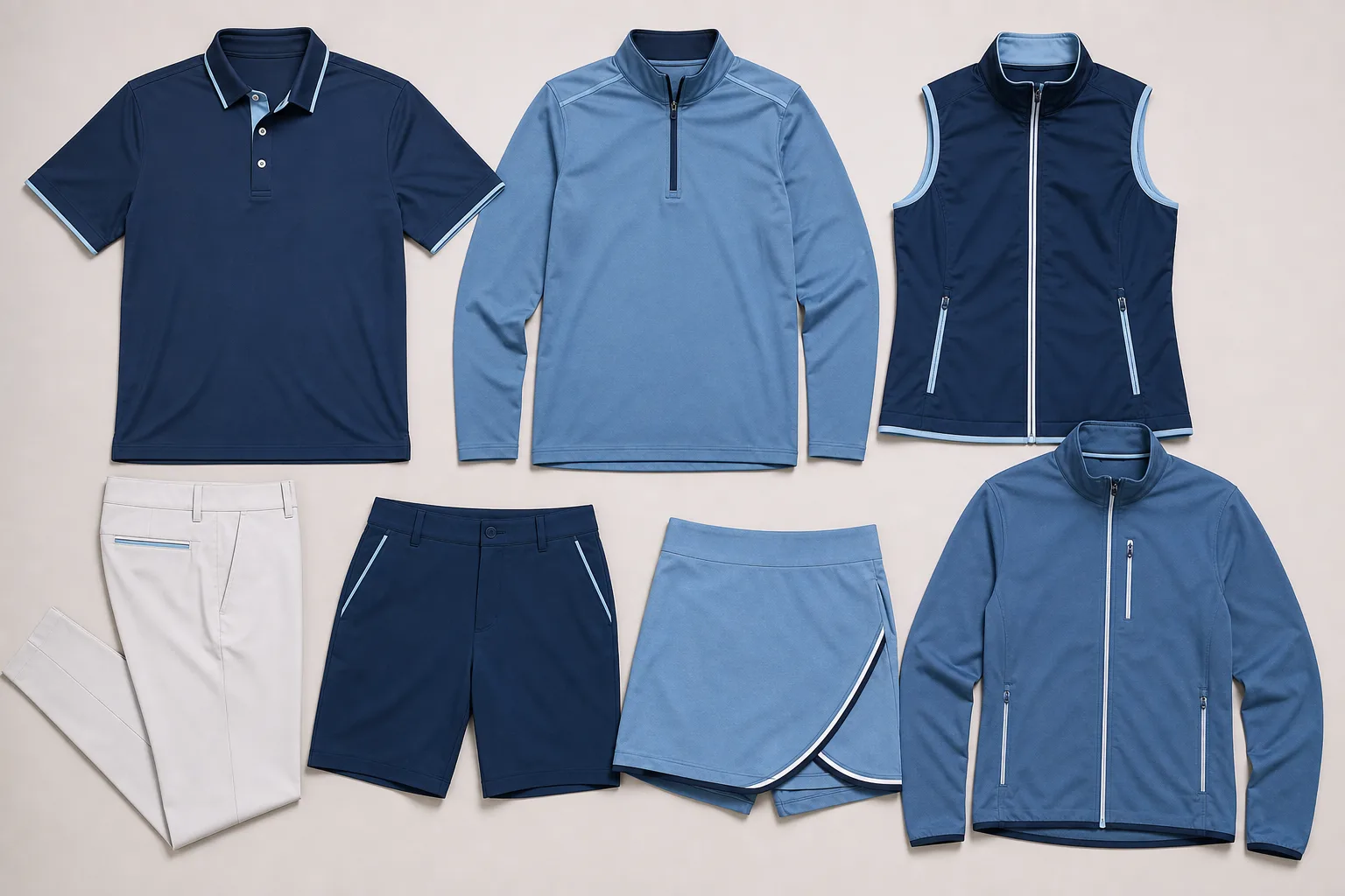 Coordinated golf team apparel flat lay with polos, bottoms, and outerwear