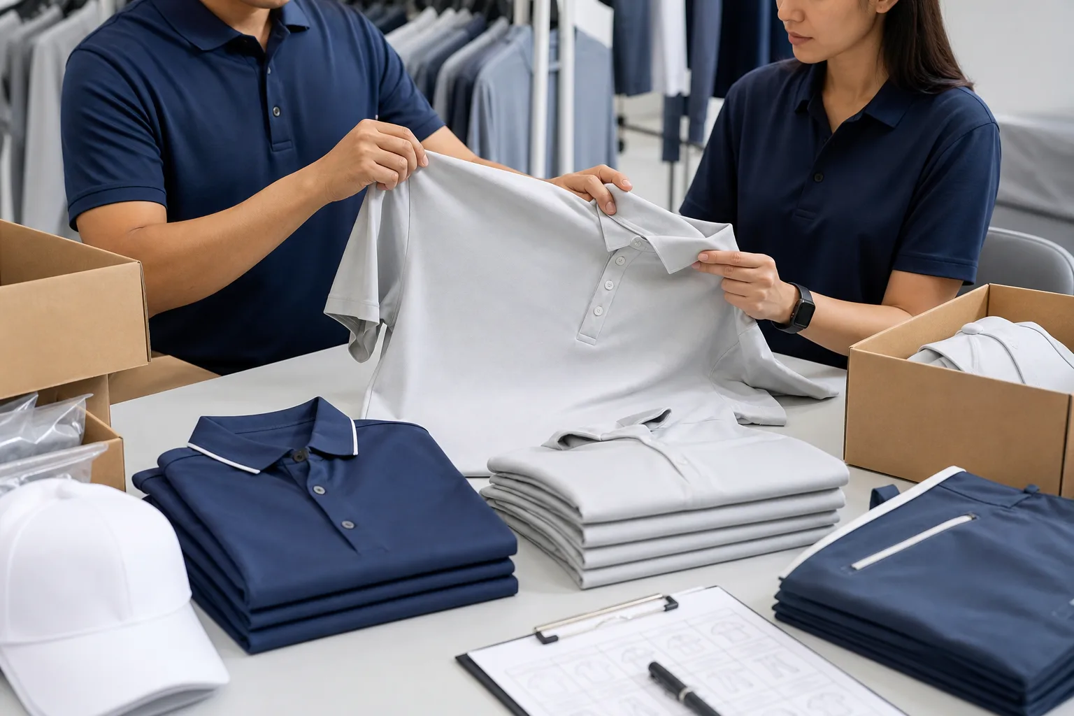 Quality control and packing for golf clothing manufacturing buyers
