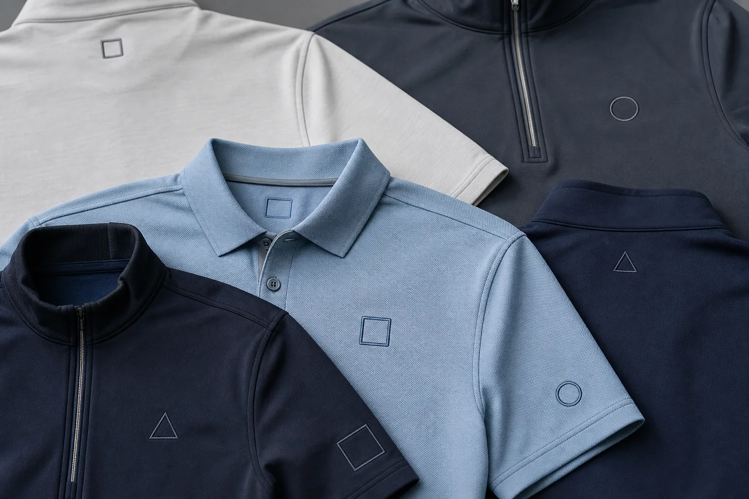 Golf tournament apparel samples with multiple logo placement options