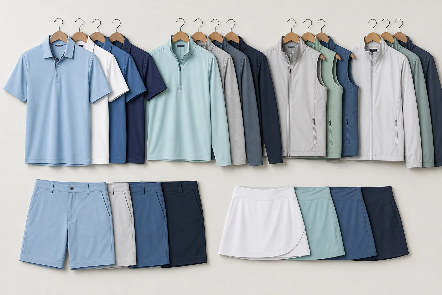 Mixed golf apparel styles for a custom tournament clothing program