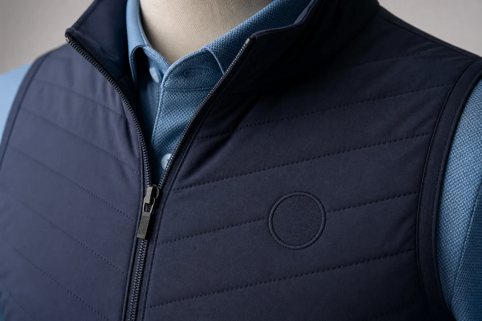 Close-up of a golf vest with zipper, quilting, and embroidery placement