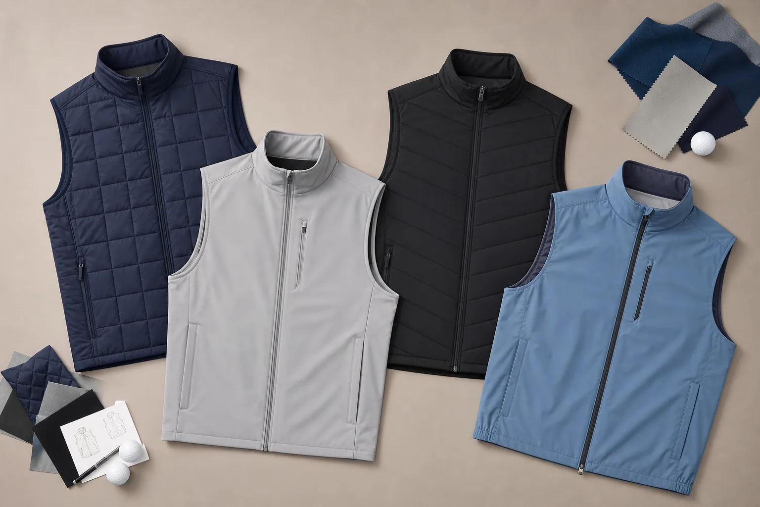 Flat lay comparison of different golf vest build styles