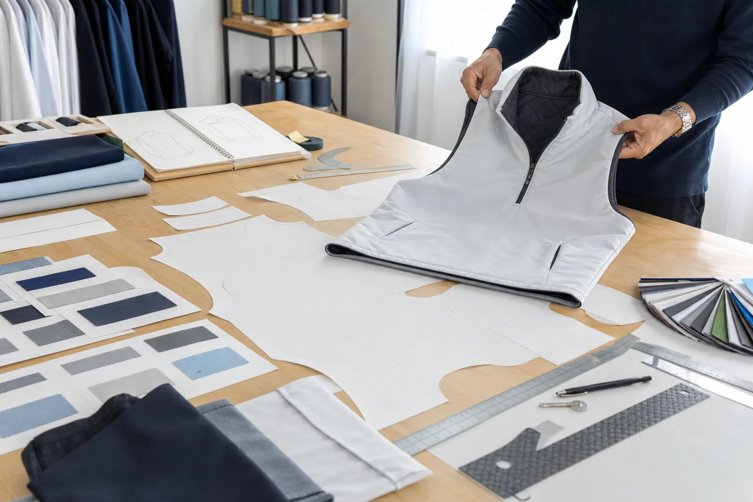 Golf vest pattern pieces and fabric swatches in a sample review workspace