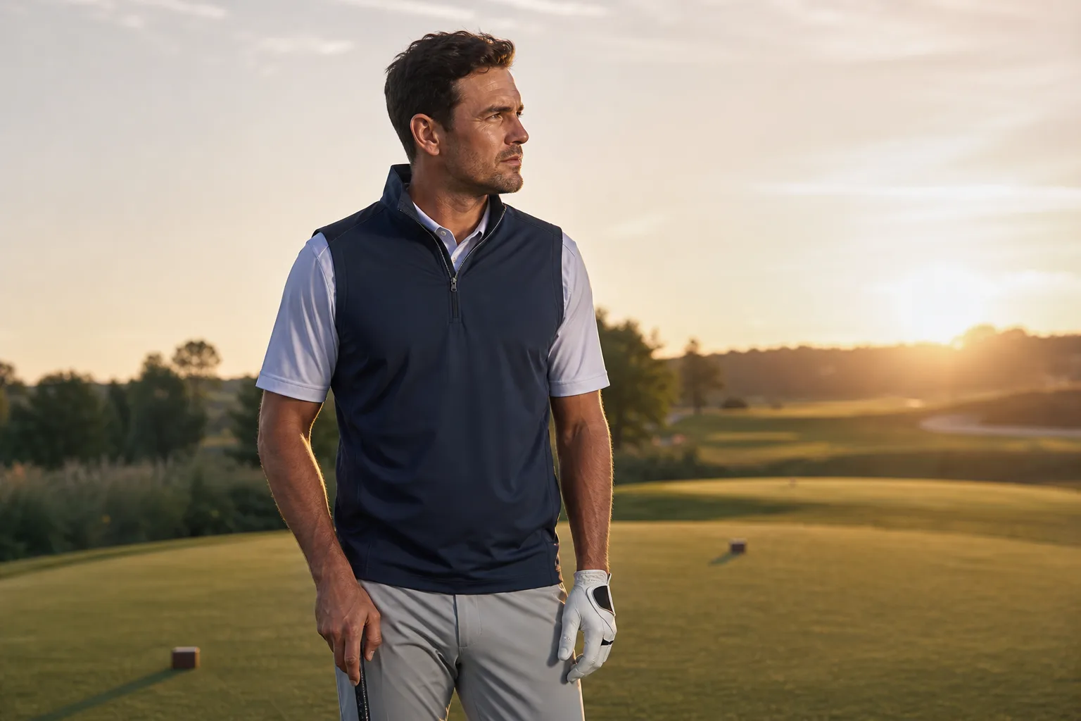 Golfer wearing a custom golf vest while preparing to swing on a tee box