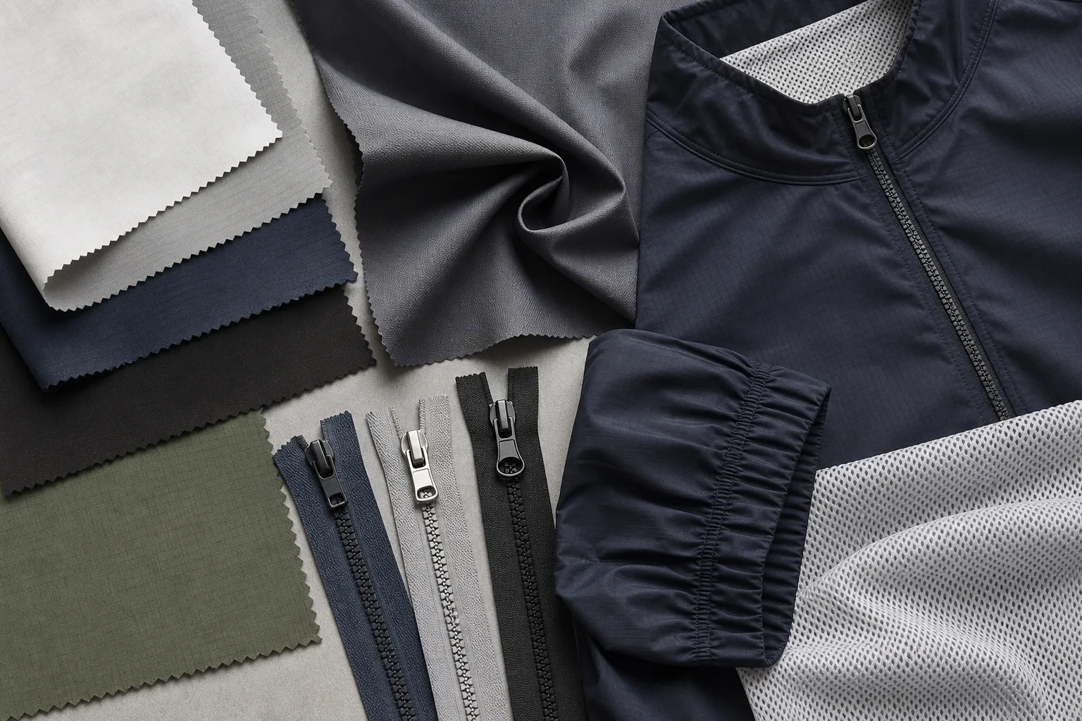 Golf windbreaker fabric swatches, zipper samples, and trim details laid out neatly