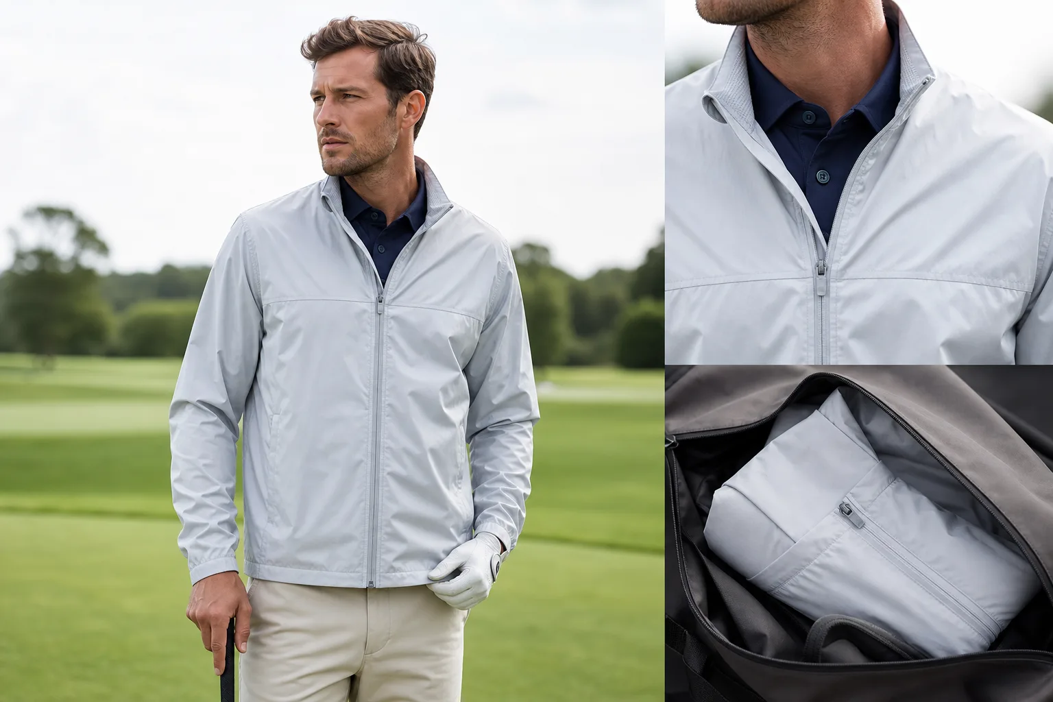 Lightweight golf windbreaker layered over a polo on the golf course