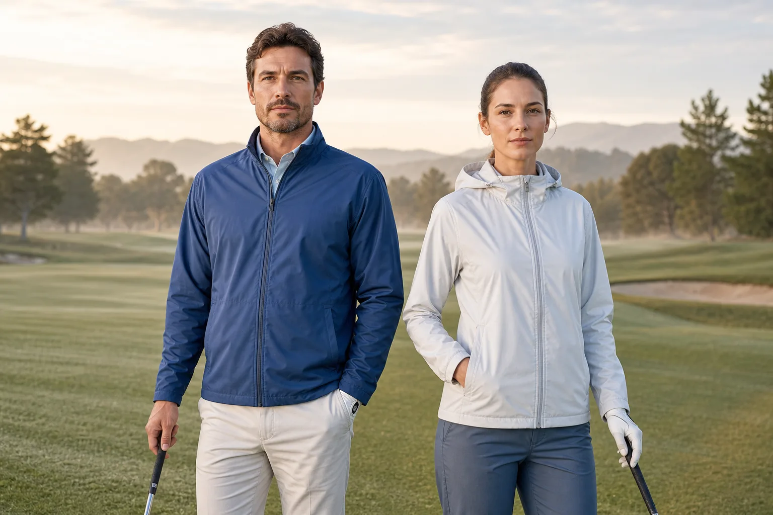 Custom golf windbreakers worn on a golf course in lightweight styles