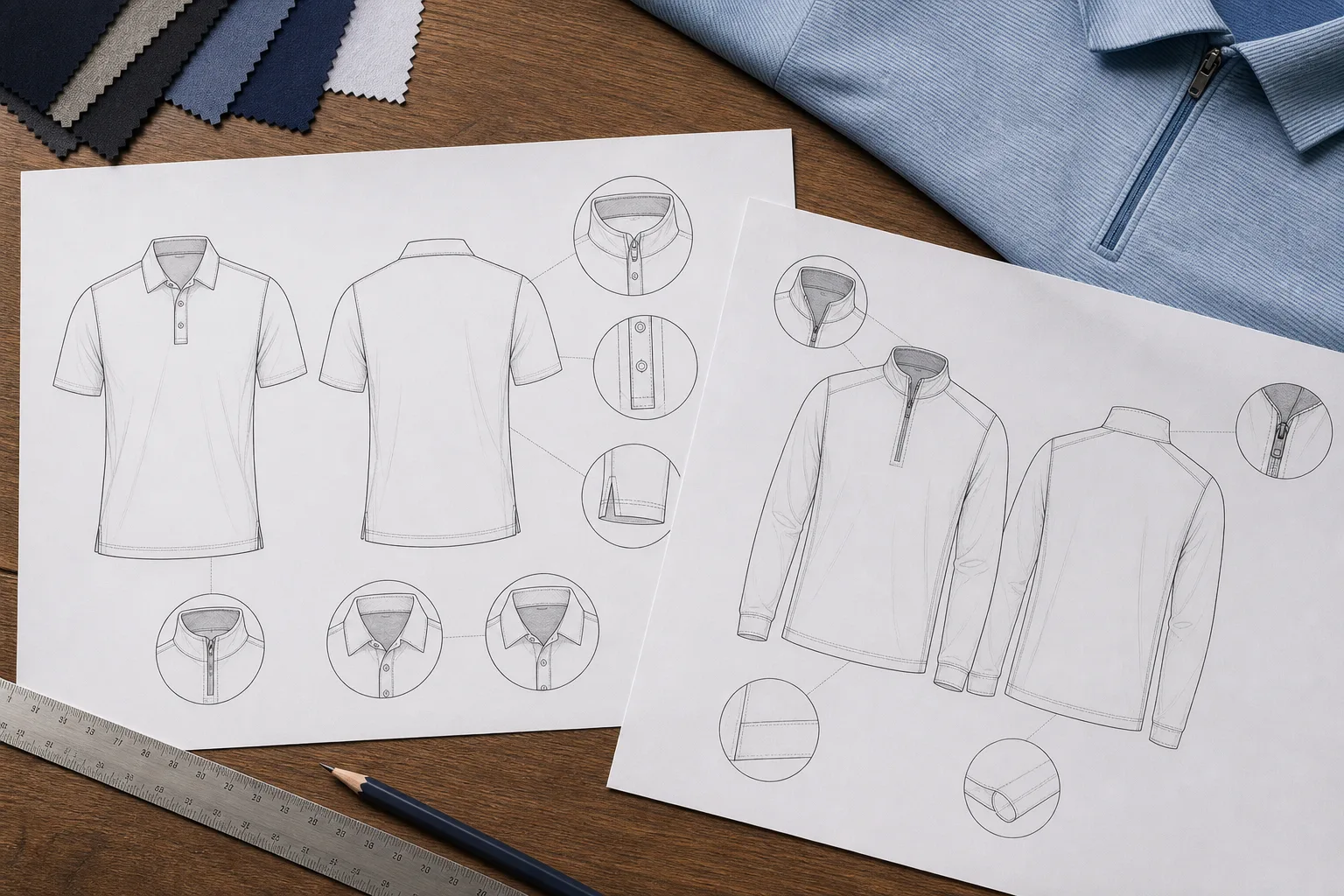 Technical flat sketches for custom golf apparel development