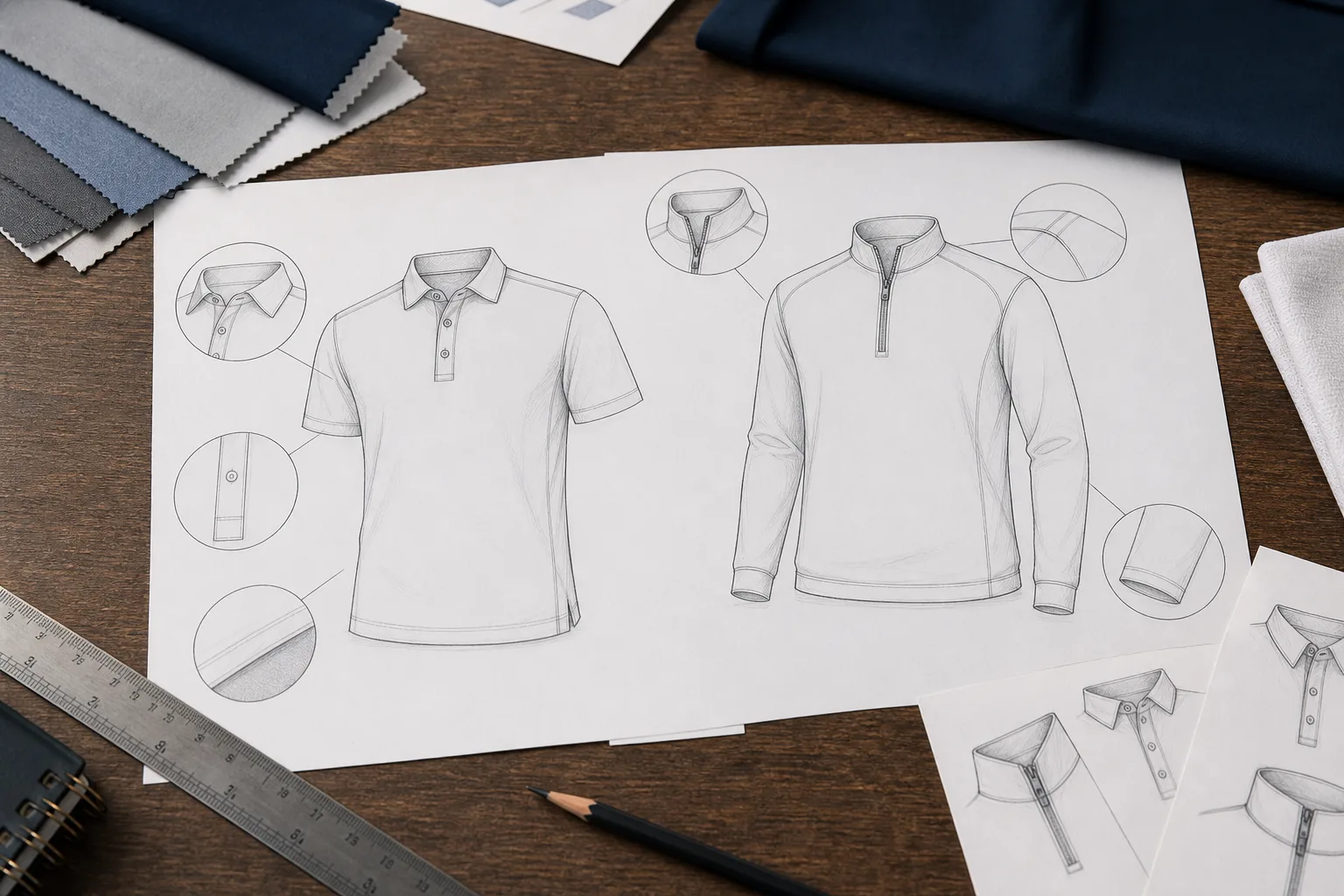 Technical flat sketches for custom golf apparel development