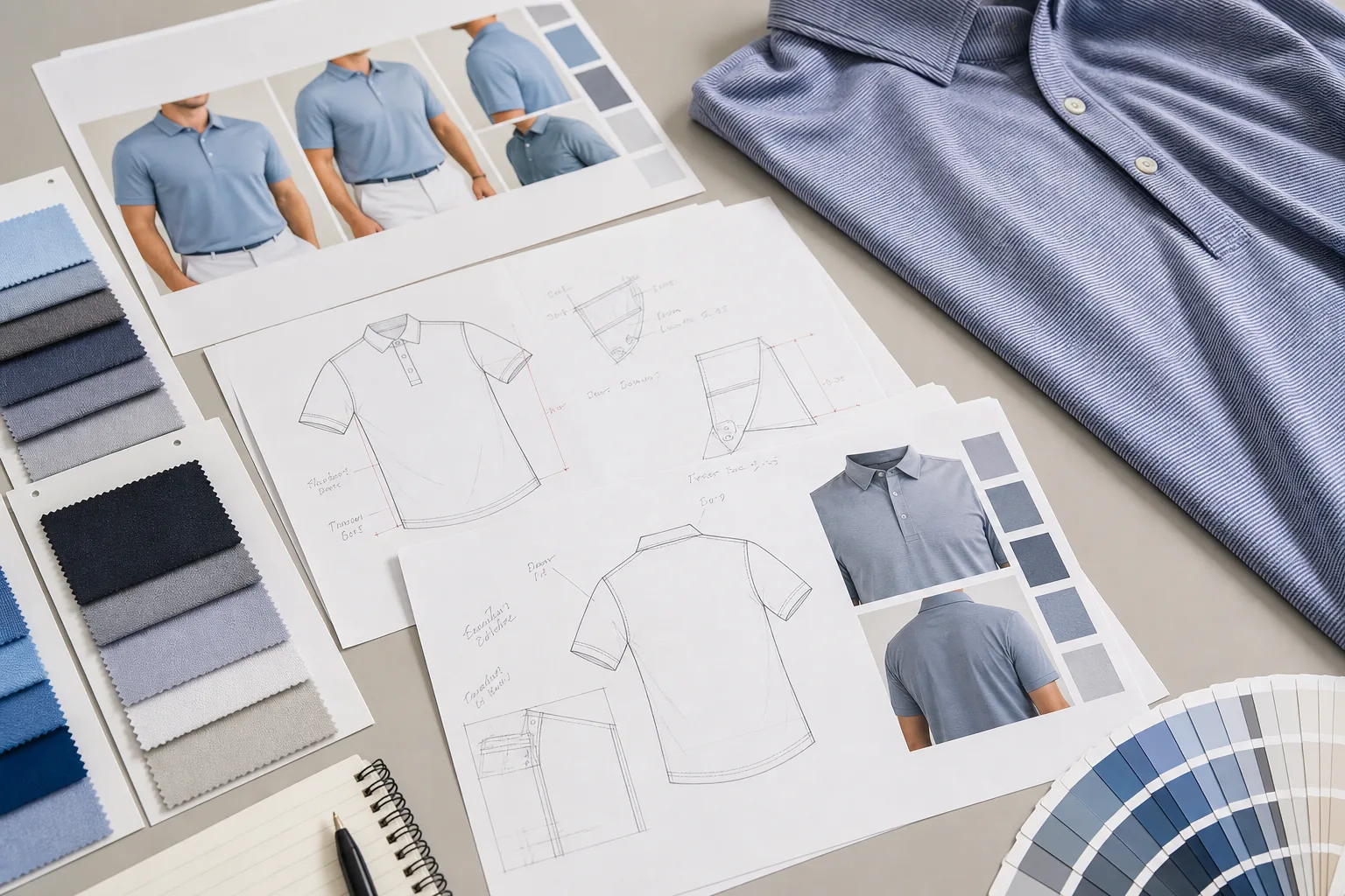 Golf apparel tech pack with sketches, swatches, and measurement notes