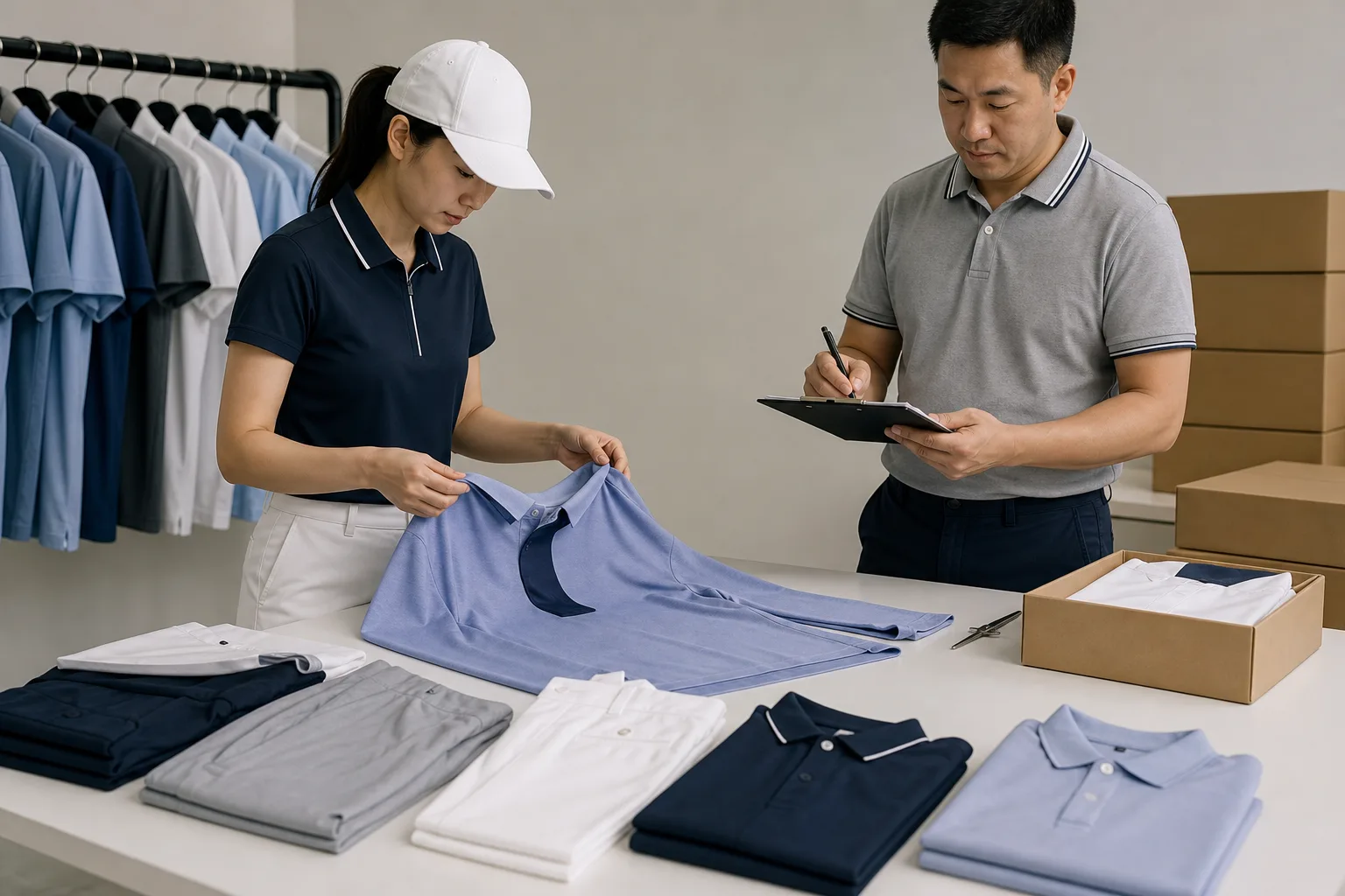 Quality control and packing for golf clothing manufacturing buyers