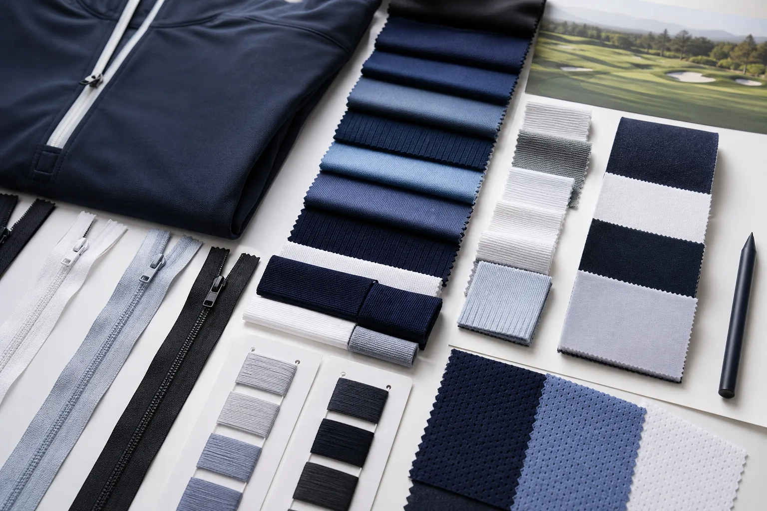Fabric and trim swatches arranged for golf apparel color matching review