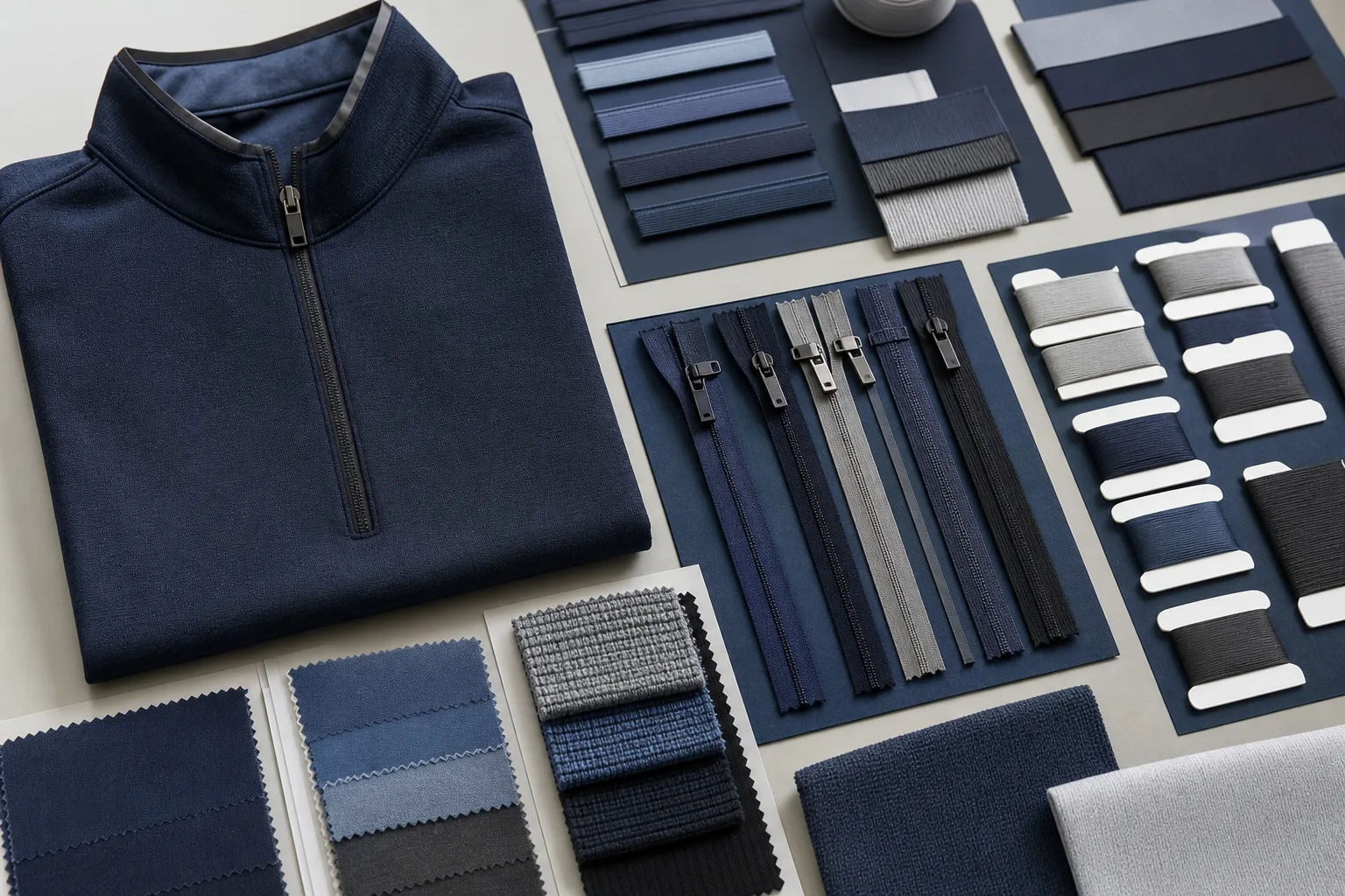 Fabric and trim swatches arranged for golf apparel color matching review