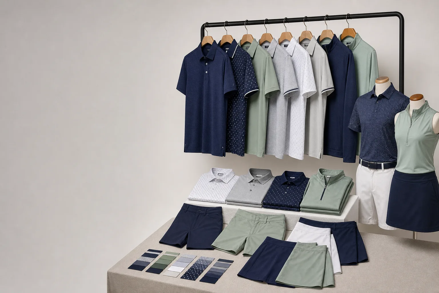 Coordinated golf apparel displayed in multiple colorways and size options