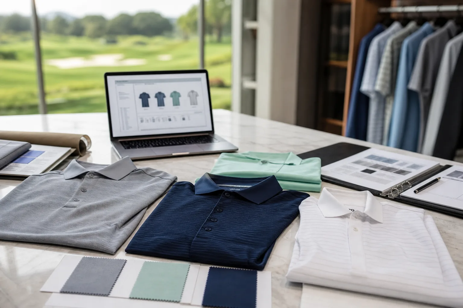 Custom golf apparel samples with fabric swatches and buyer brief