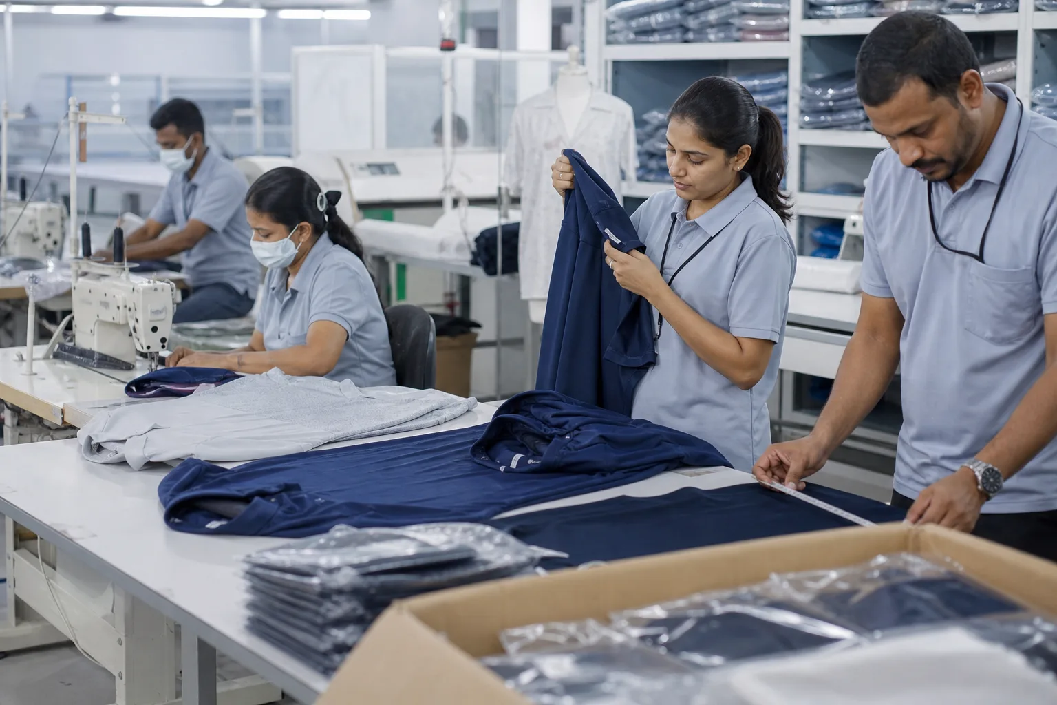 Golf apparel inspection and packing in a representative production workflow