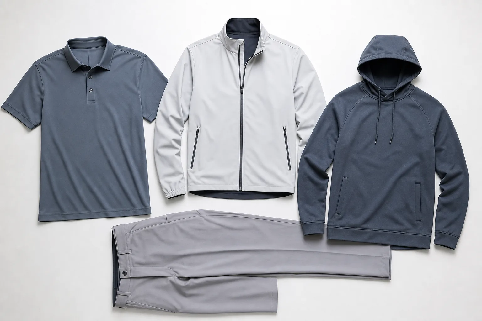Coordinated golf polos, jackets, hoodies, and pants on a studio table