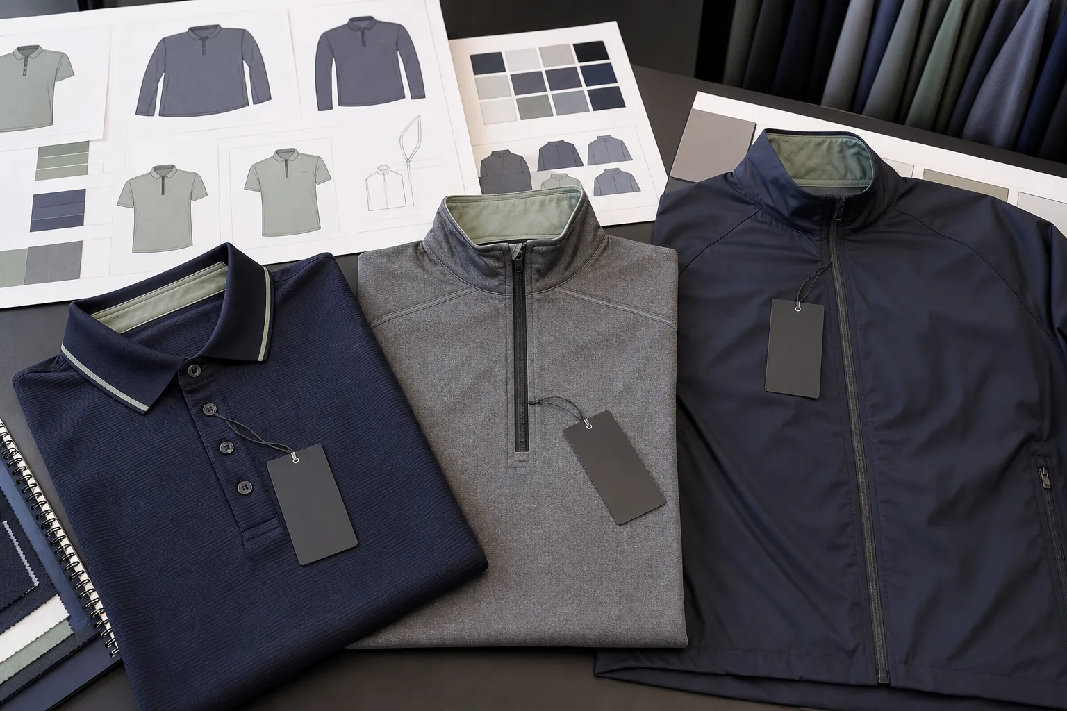 Golf apparel samples arranged for fabric and construction review