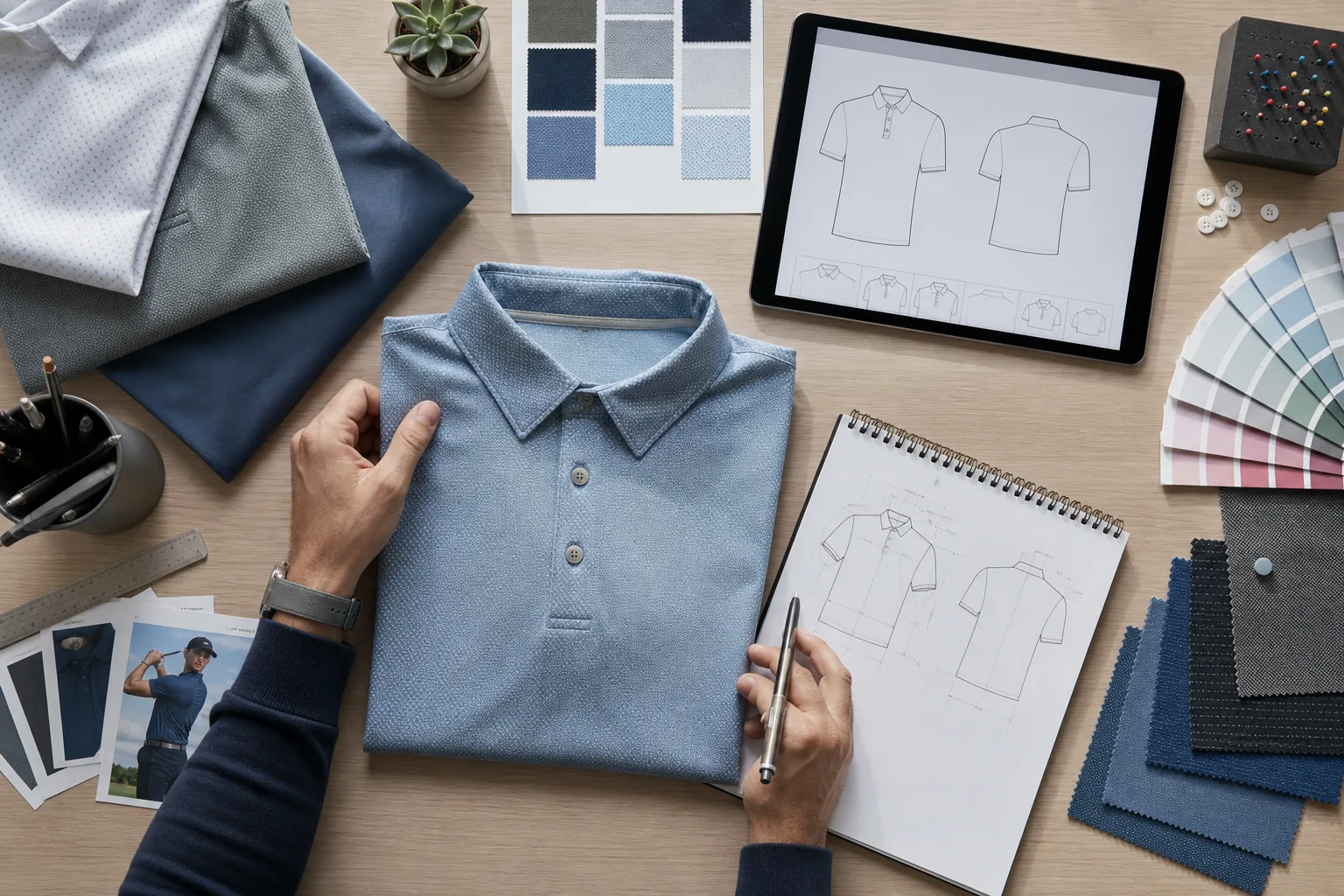 Materials laid out for a golf apparel sample request