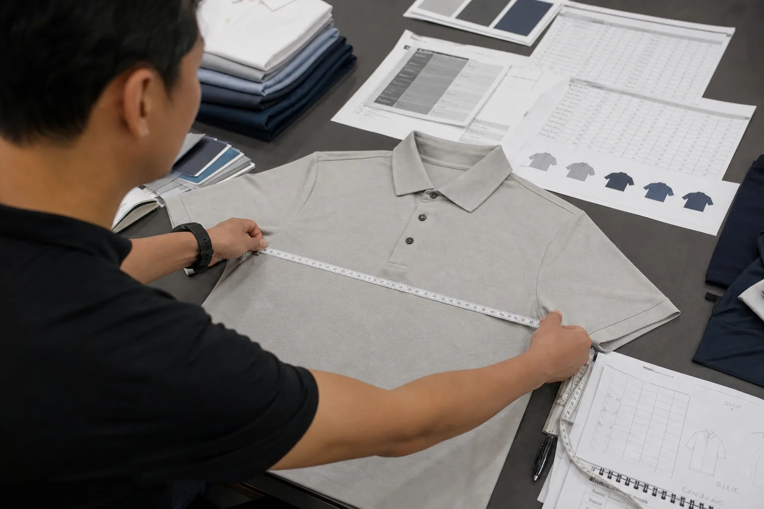 Sample golf shirt being measured for custom size planning