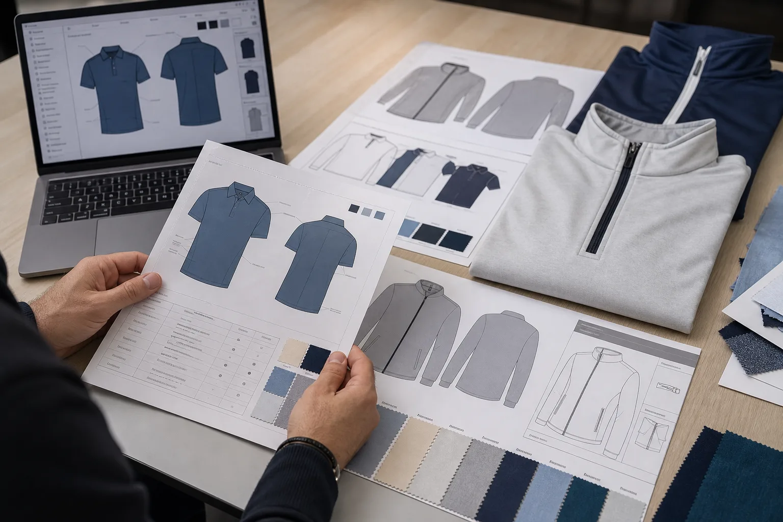 Golf apparel tech pack files and fabric swatches arranged for review