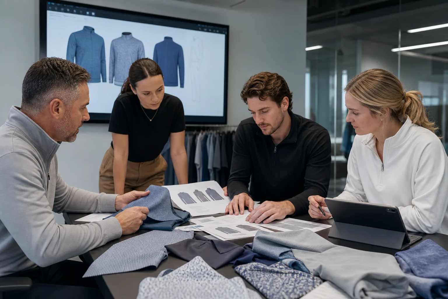Apparel team reviewing golf garment specifications and materials