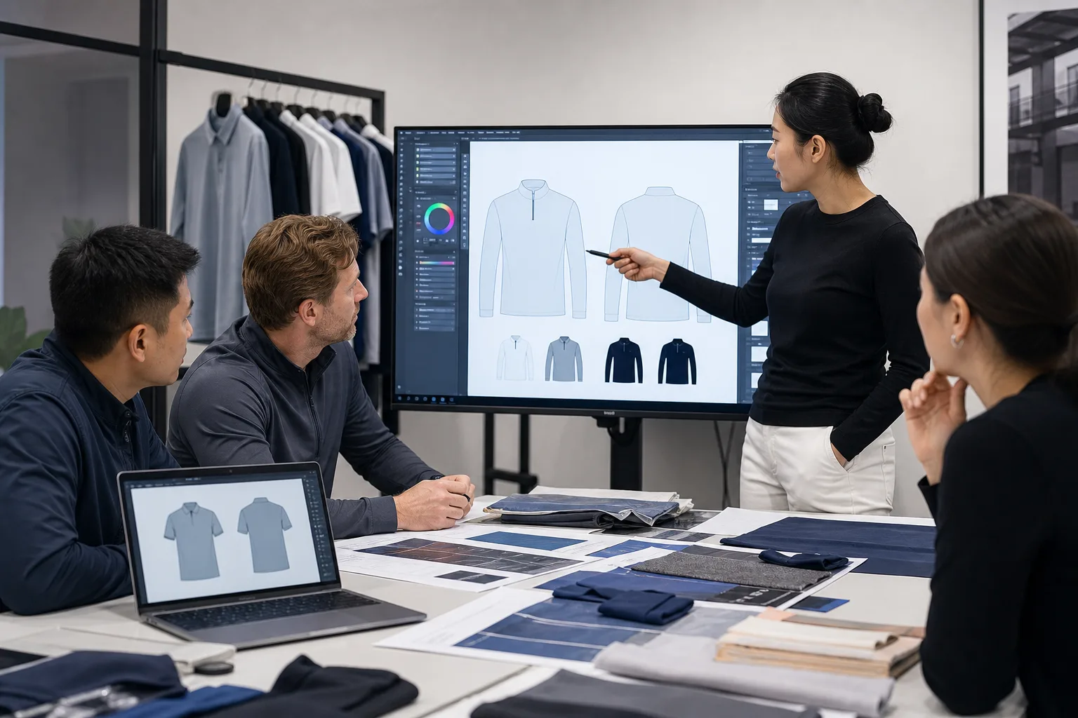 Apparel team reviewing golf garment specifications and materials