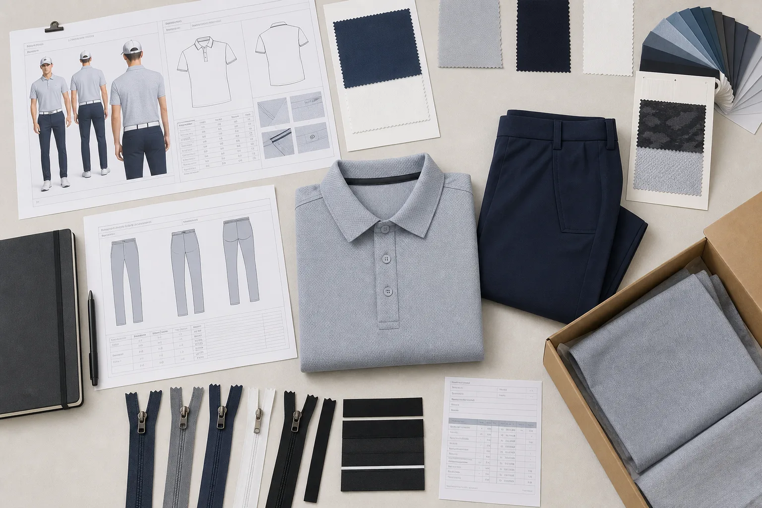Flat lay of golf apparel quote materials with swatches, tech pack pages, and labels