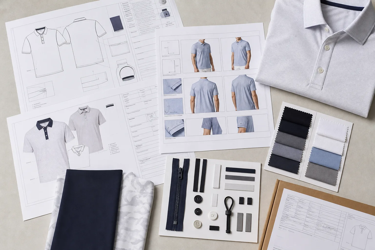 Flat lay of golf apparel quote materials with swatches, tech pack pages, and labels