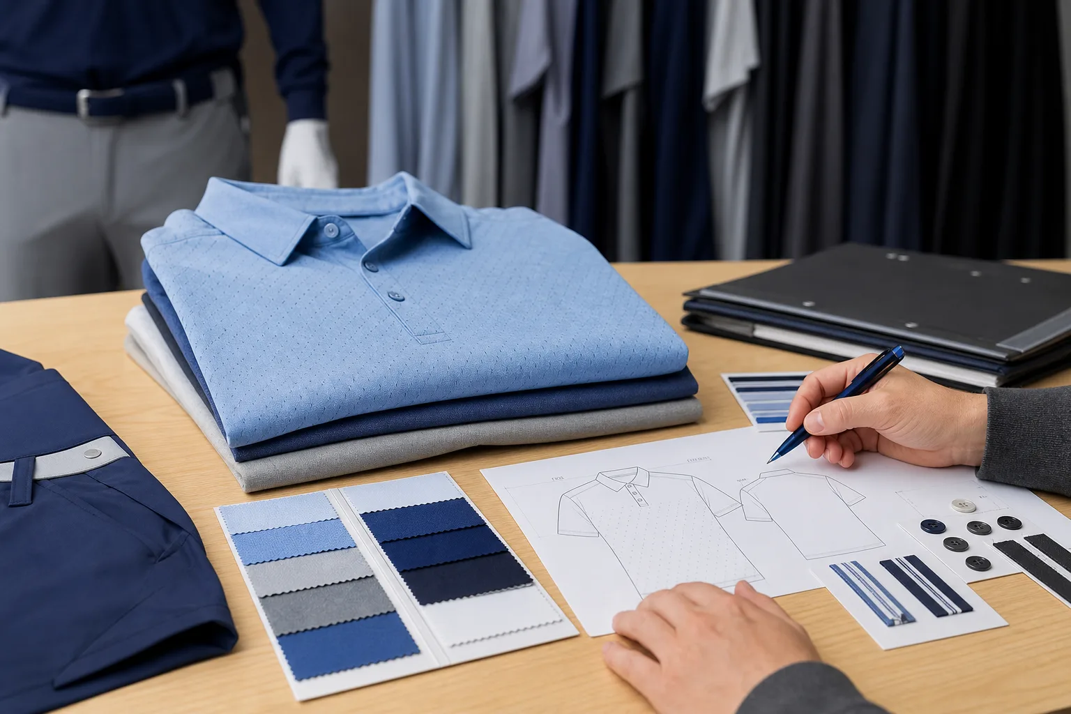Golf apparel approval desk with samples, swatches, and measurement notes