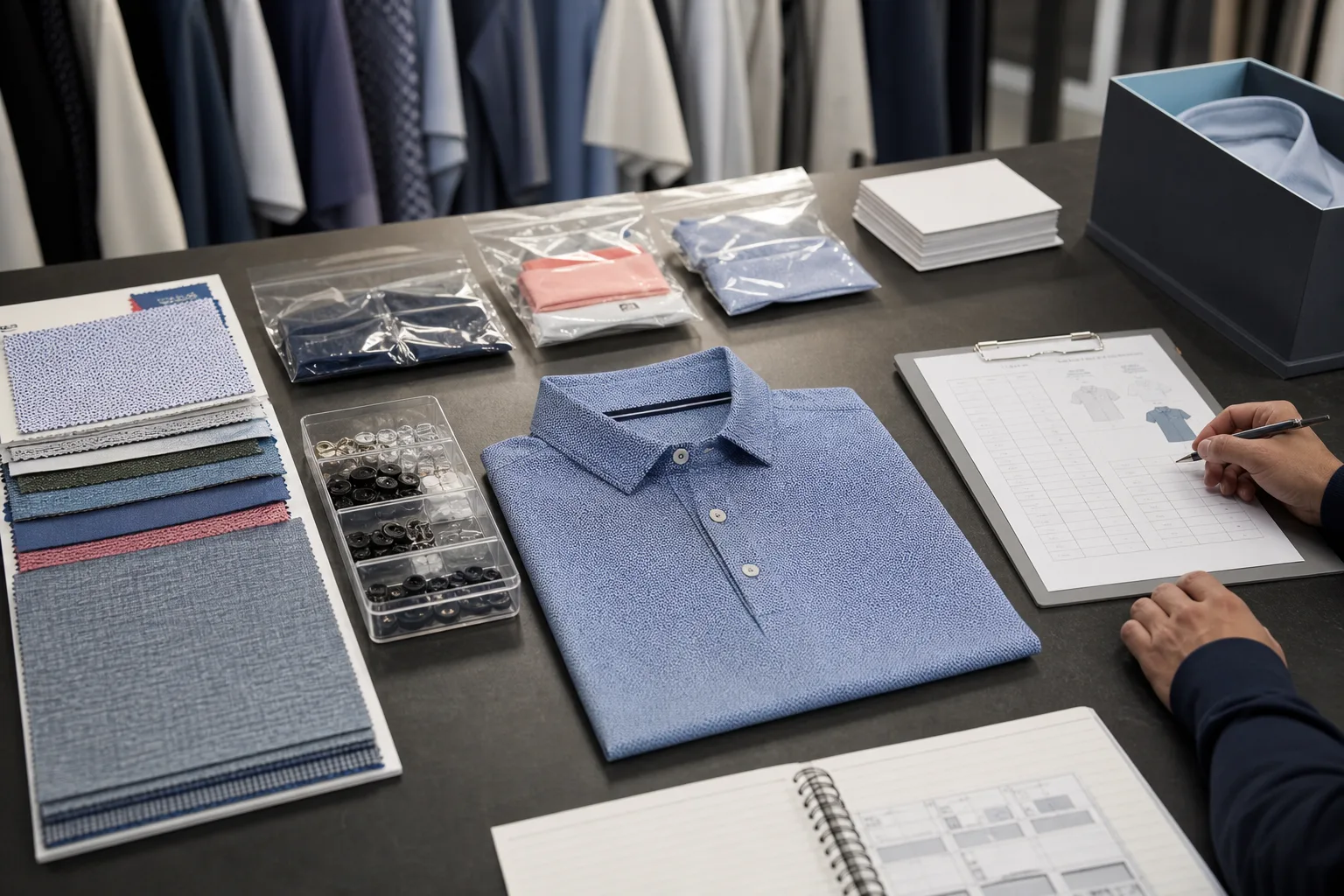 Approved golf apparel sample beside production notes and packed trims
