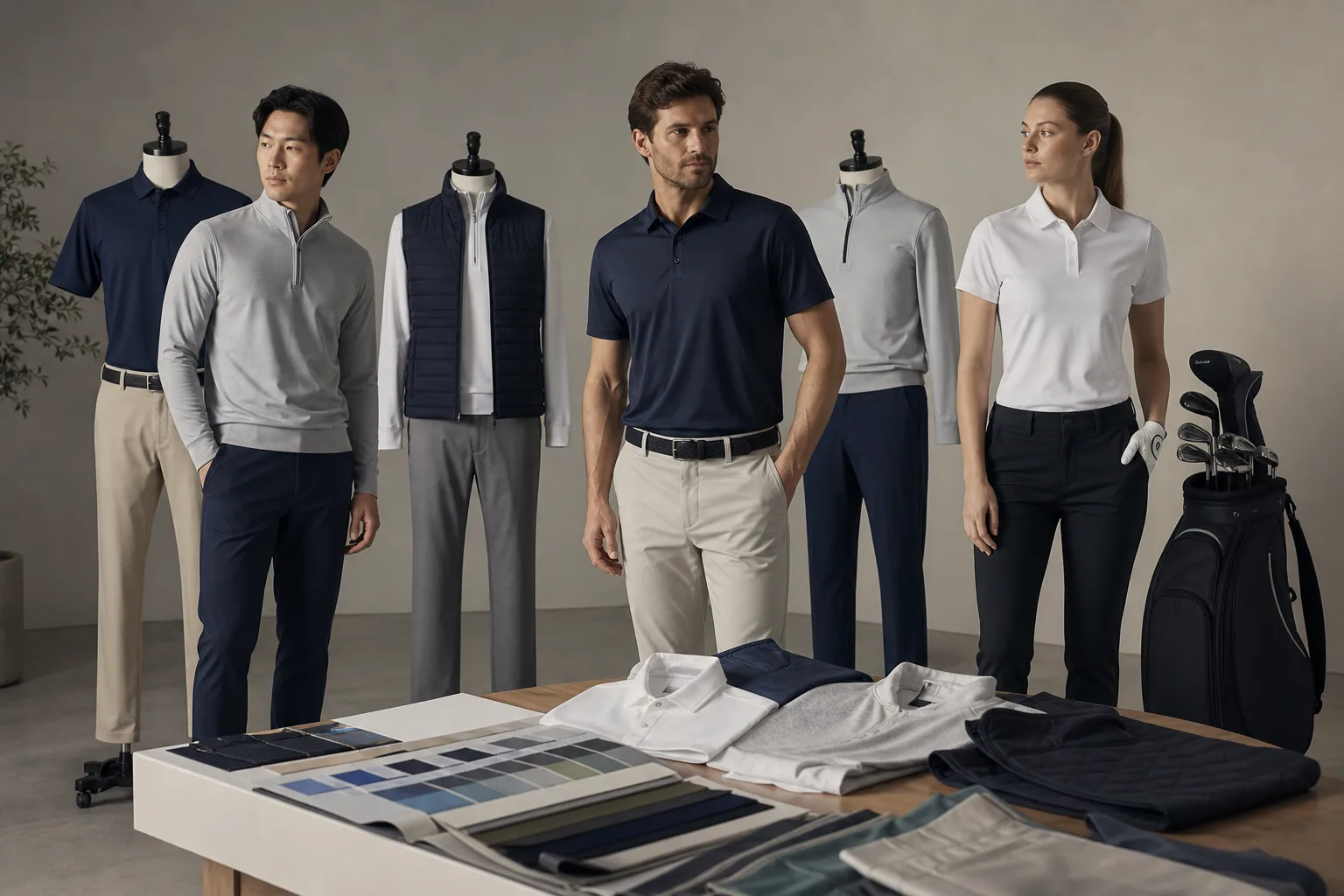 Coordinated private label golf apparel collection in a clean studio