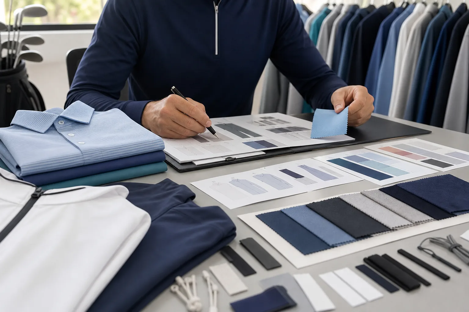 Private label golf apparel planning board with garments and fabric swatches