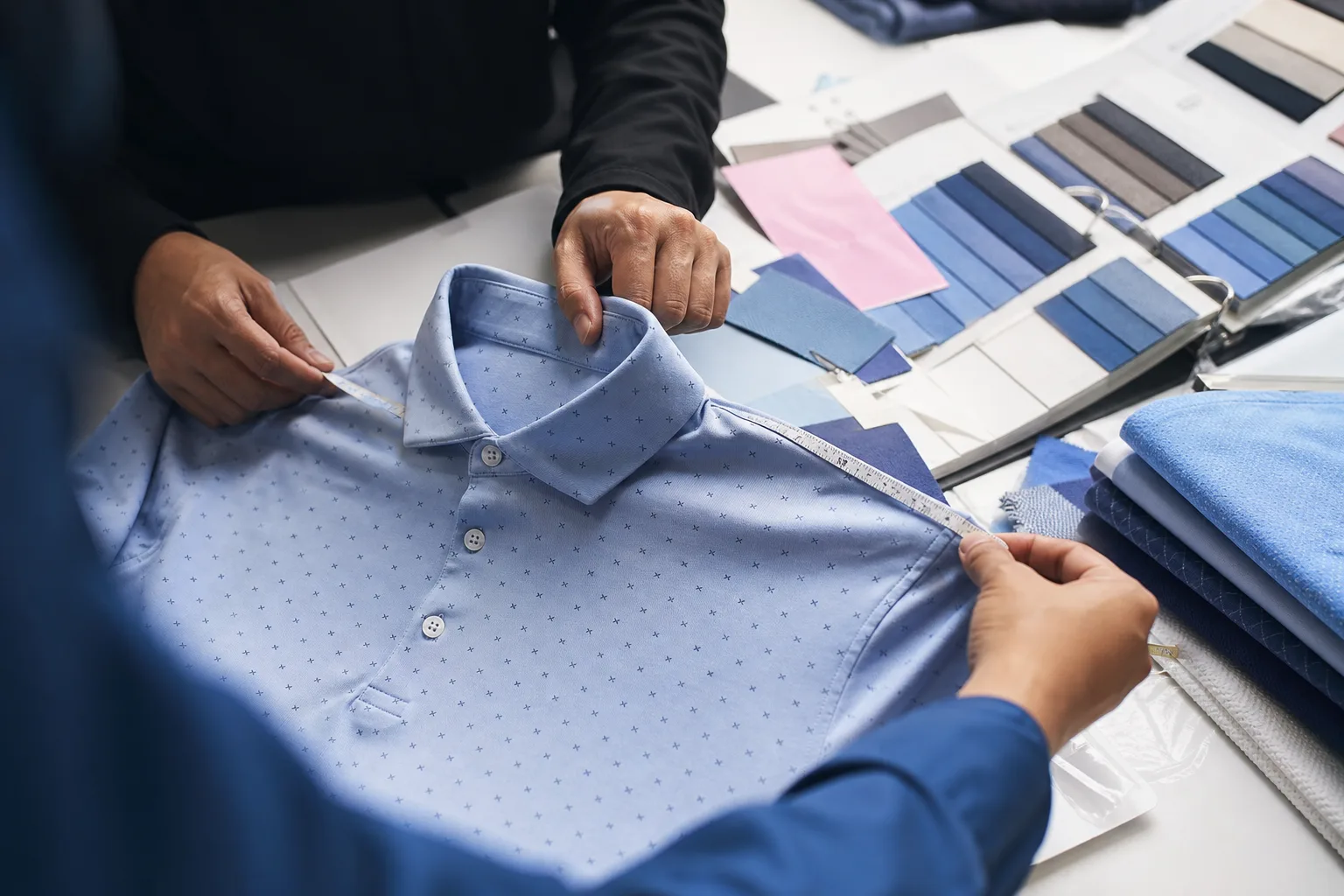 Hands reviewing a golf polo sample with measuring tape and notes