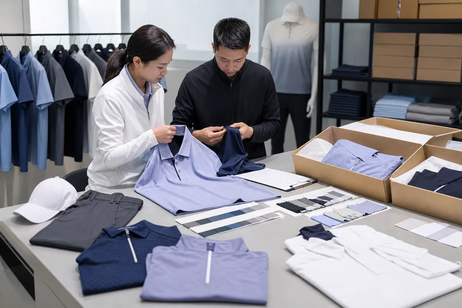 Quality control and packing for golf clothing manufacturing buyers