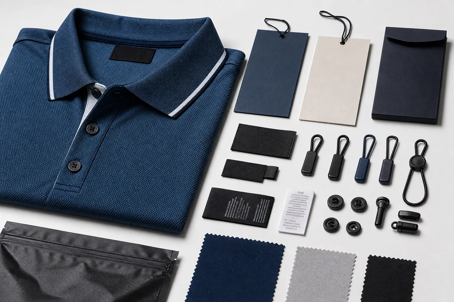 Golf apparel trims, labels, and packaging laid out beside a polo