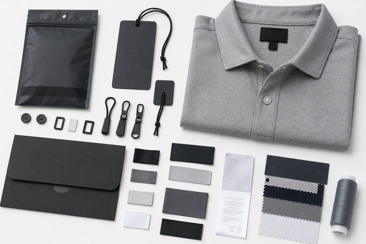 Golf apparel trims, labels, and packaging laid out beside a polo
