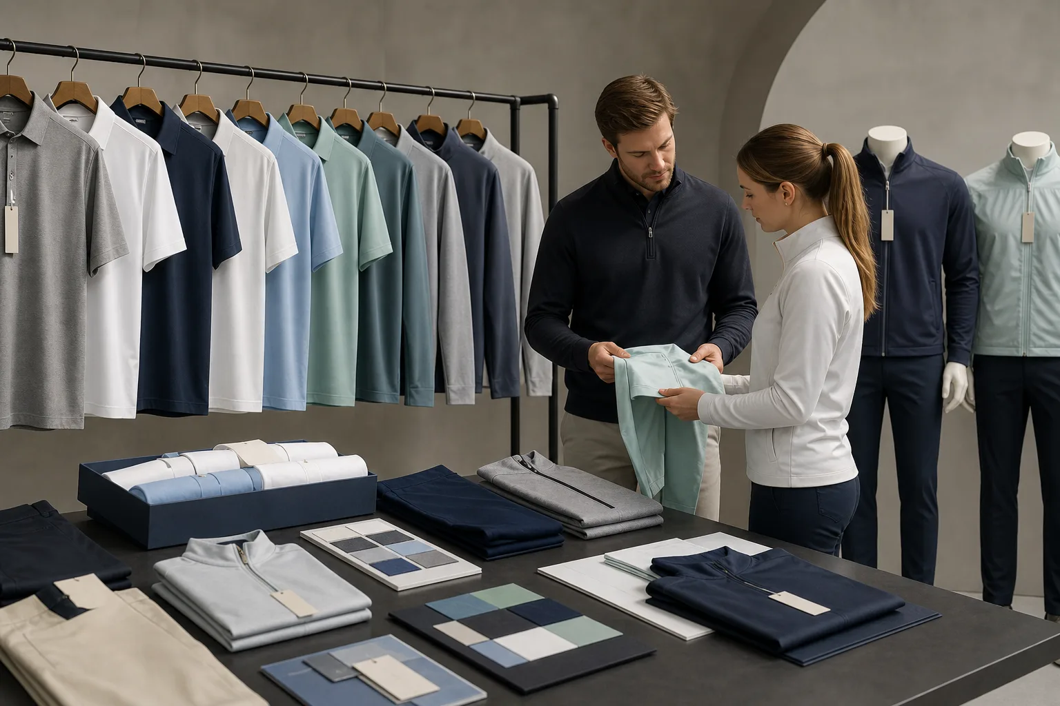 Coordinated private label golf clothing collection with branded labels and packaging