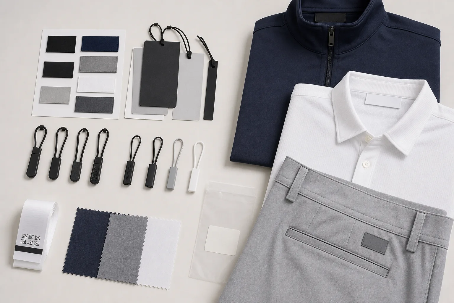 Private label golf apparel labels trims and packaging components laid out for approval