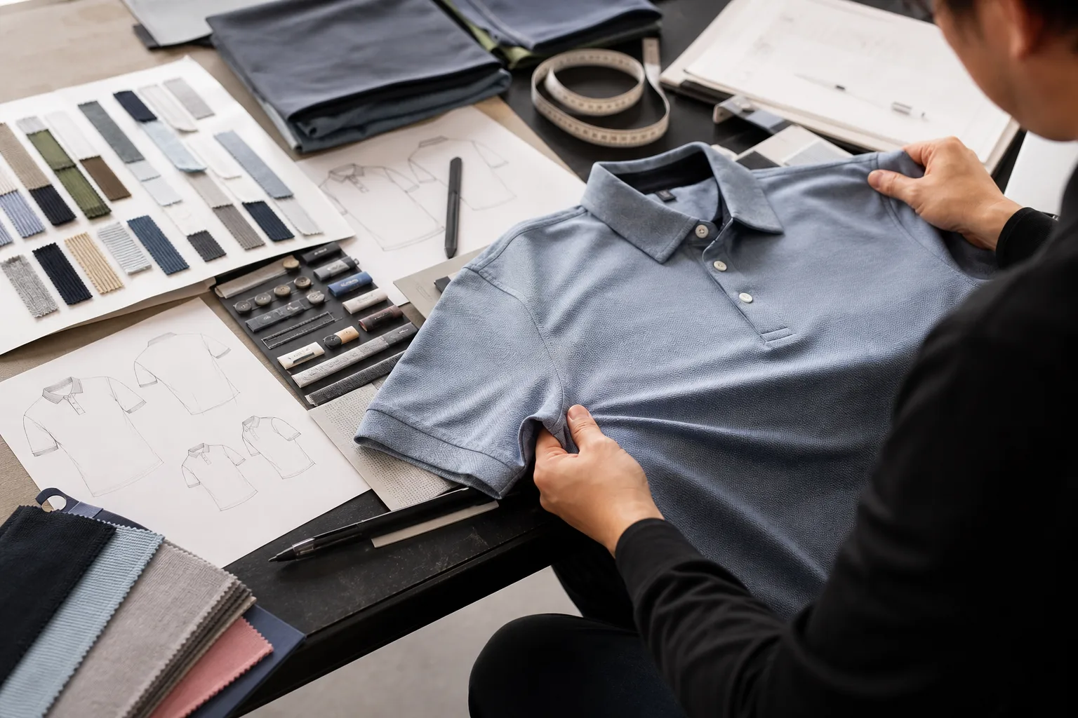 Golf apparel sample review desk with fabric swatches and development notes