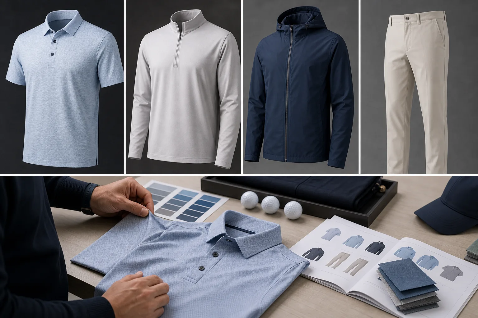 Private label golf apparel assortment showing coordinated product categories