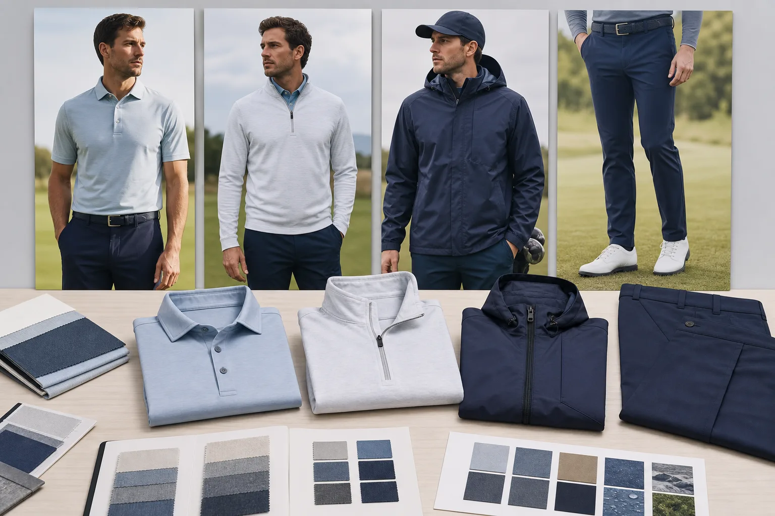 Private label golf apparel assortment showing coordinated product categories