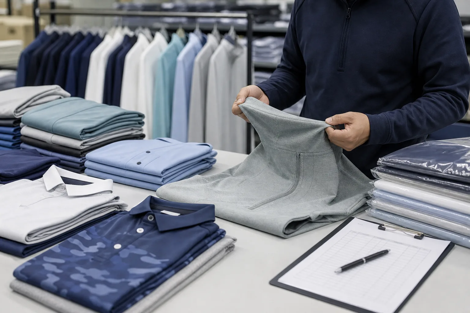 Quality control and packing for golf clothing manufacturing buyers
