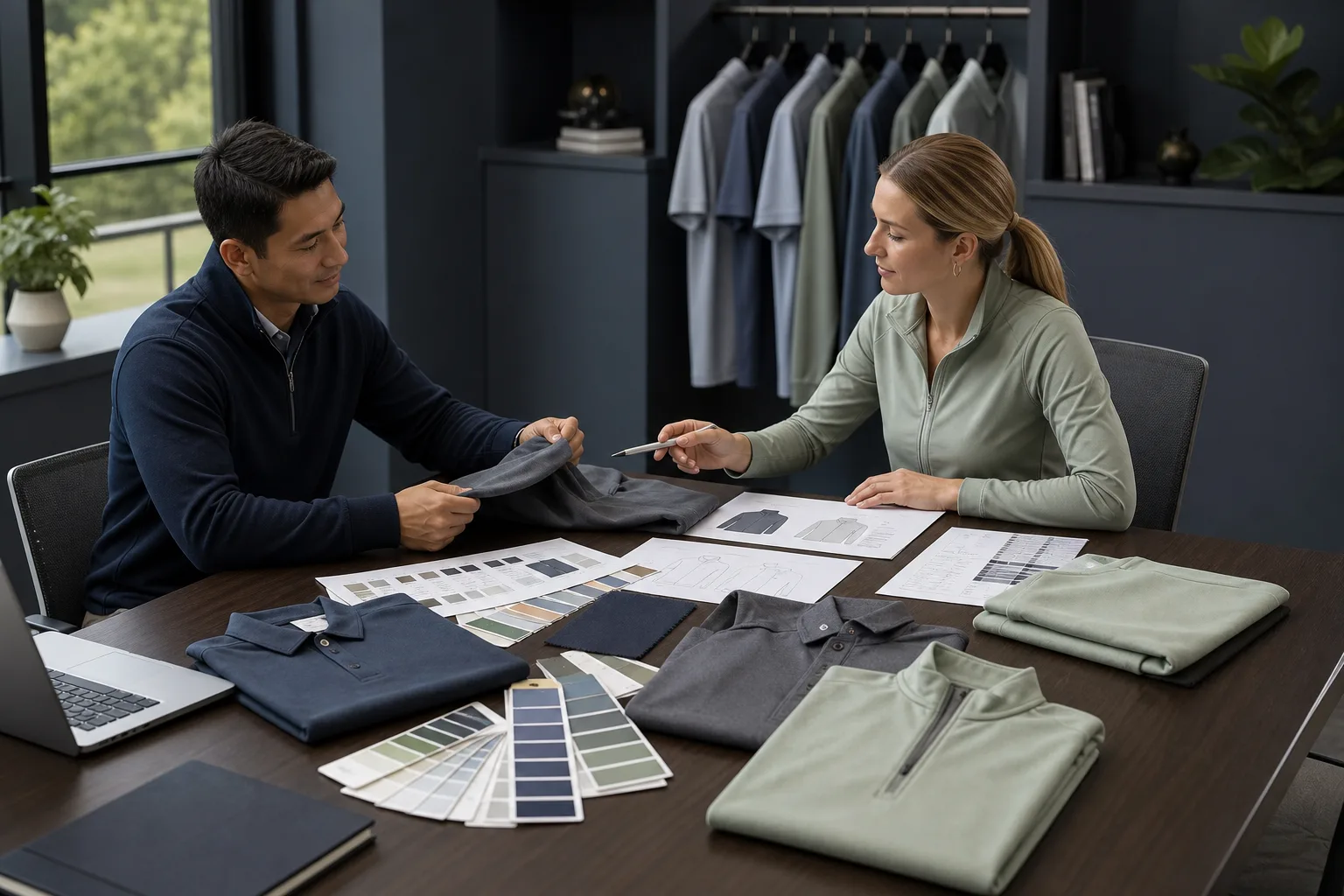 Buyer and apparel coordinator reviewing custom golf apparel project details