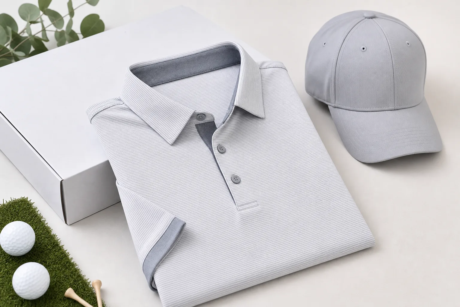 Unbranded golf polo with cap and presentation packaging on a studio surface
