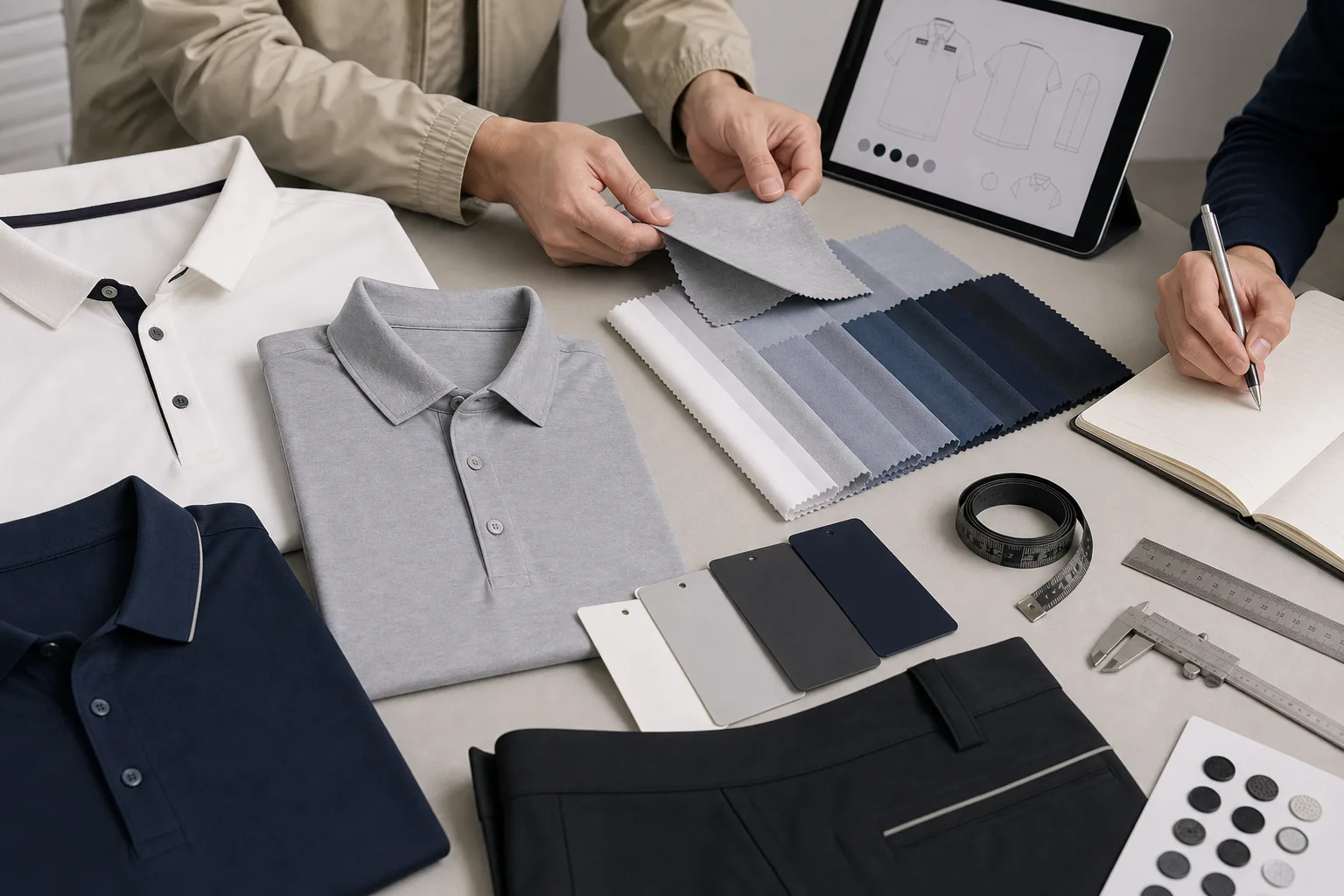 Fabric swatches, hangtags, and measurement tools arranged for apparel planning