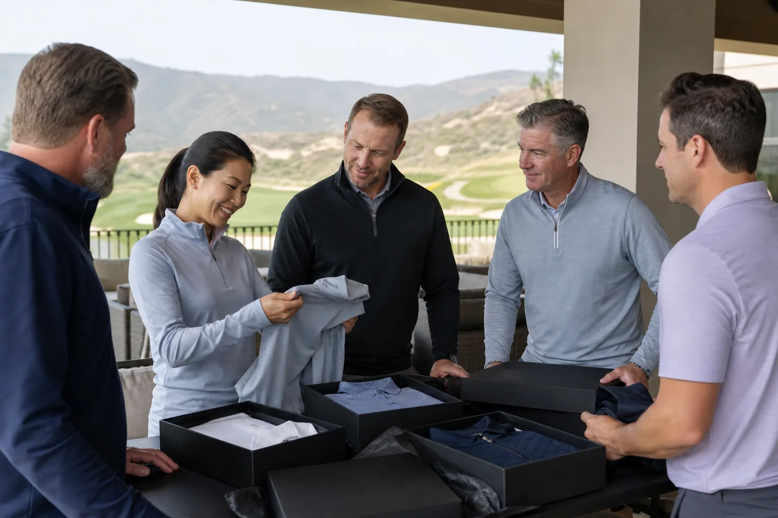 People receiving folded promotional golf apparel at a golf clubhouse